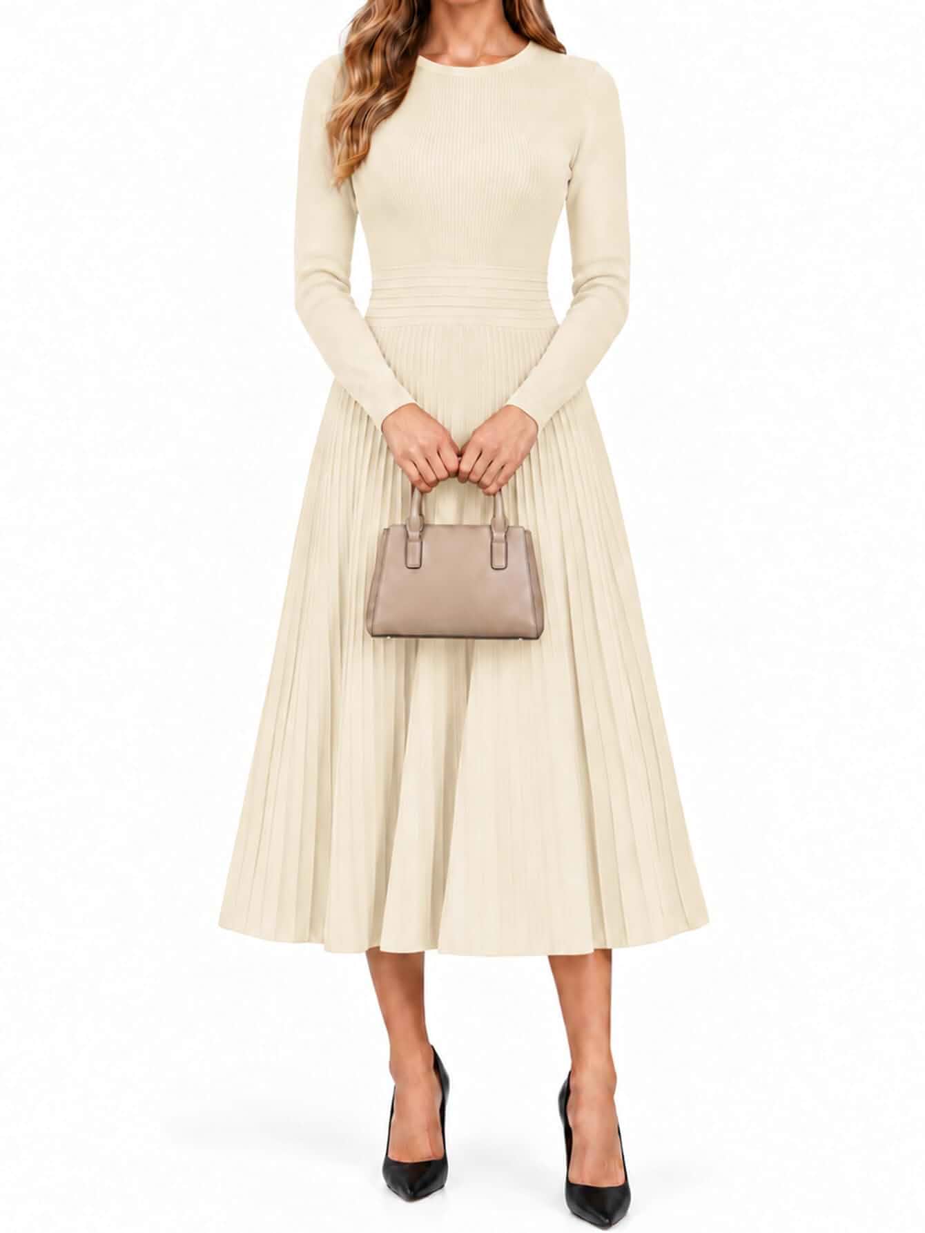 Women's Long Sleeve Ribbed Knit Midi Dress, A Line Sweater Dress Soft ribbed knit texture, Comfortable stretch, Defined elastic waist, Flattering A-line silhouette, Elegant midi length