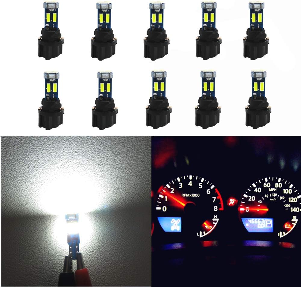 WLJH High Bright White Canbus T5 Dash Light Bulbs Car Instrument Panel Cluster Gauge Indicator Warning Led 73 74 286 2721 Bulb with PC74 Twist Lock Socket,Pack of 10