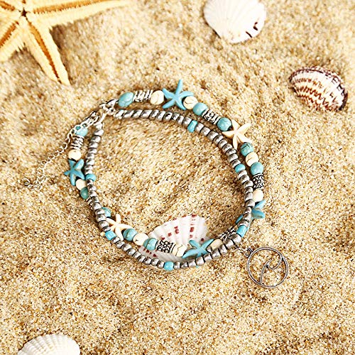 Image of Softones Blue Starfish Turtle Anklet Multilayer Charm Beads Sea Handmade Boho Anklet Foot Jewelry for Women