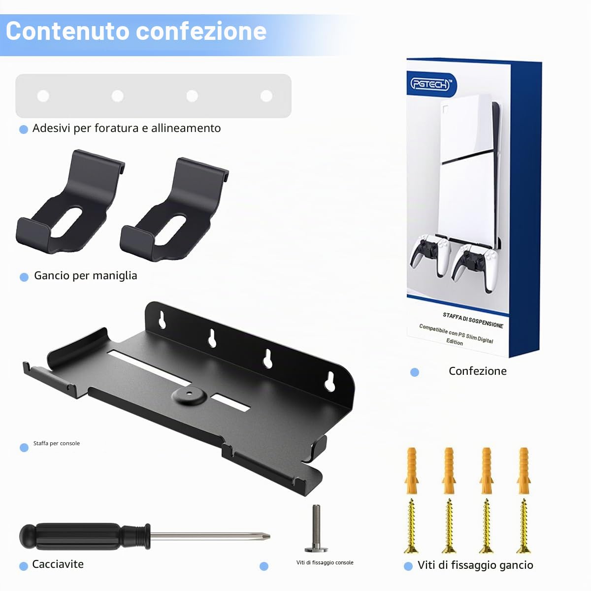 Supporto a Parete per PlayStation 5 Slim con Supporto Rimovibile per Controller, PS5 Muro (Ottica e Digitale), Nero