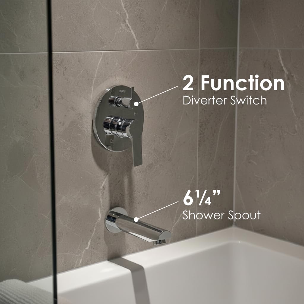 Dakota Isabella Wall-Mounted Tub & Shower Faucet Set – Chrome – 2-Handle Valve with Shower Head & Tub Spout – Contemporary Bathroom Bath Fixture, DSF-30BTS00.