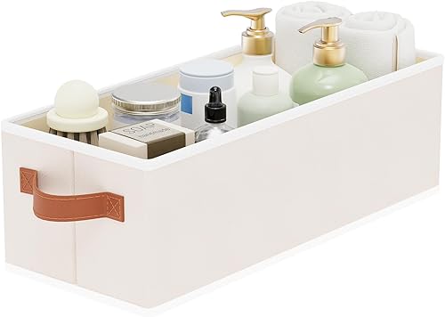 Vista 11 de Paquete de 3 contenedores de almacenamiento, cestas plegables para organización de estantes, cajas de almacenamiento de tela con asas, color blanco