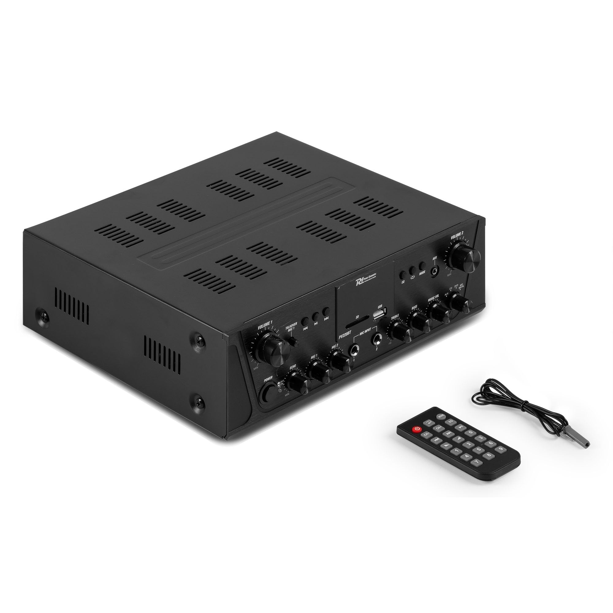 Power Dynamics PV220BT Amplificateur Audio Bluetooth 2x100W 2 Zones Lecteur MP3 USB/SD Radio FM Entrées RCA AUX Télécommande