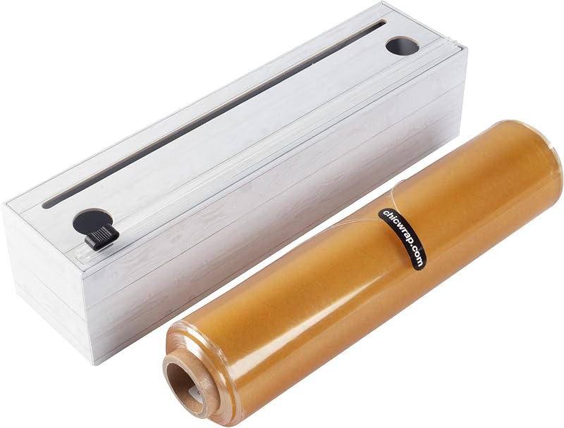 Dispensador de envoltorios de plástico Shiplap - Incluye rollo grande de 12"x750' | Dispensador de envoltorios de plástico reutilizable grande y de gran tamaño con cuatro pies de goma antideslizantes y cortador deslizante
