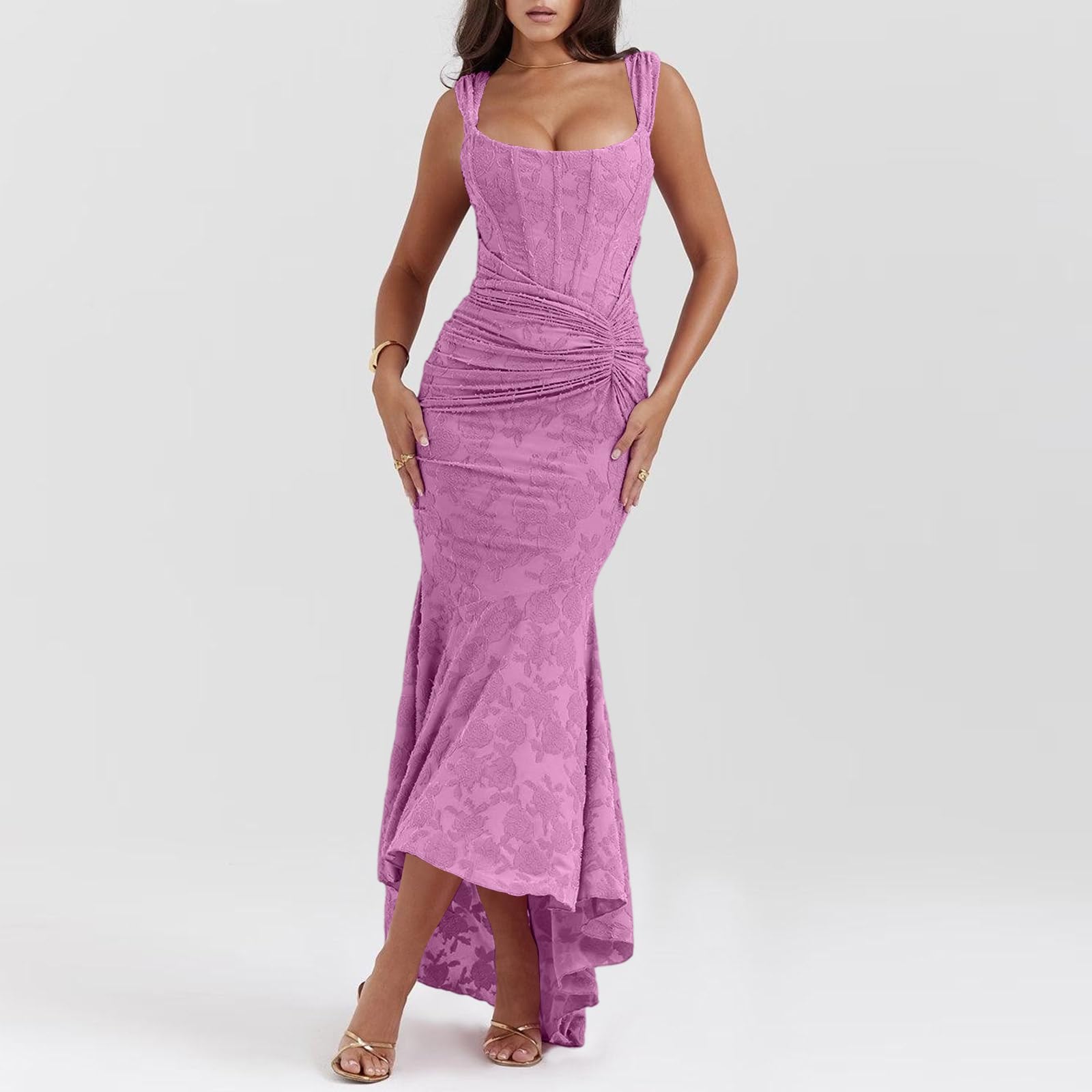 Robe sirène Longue carré à Bretelles Larges Torsade latérale plissée Ourlet asymétrique Train arrière pour soirées et Occasions habillées