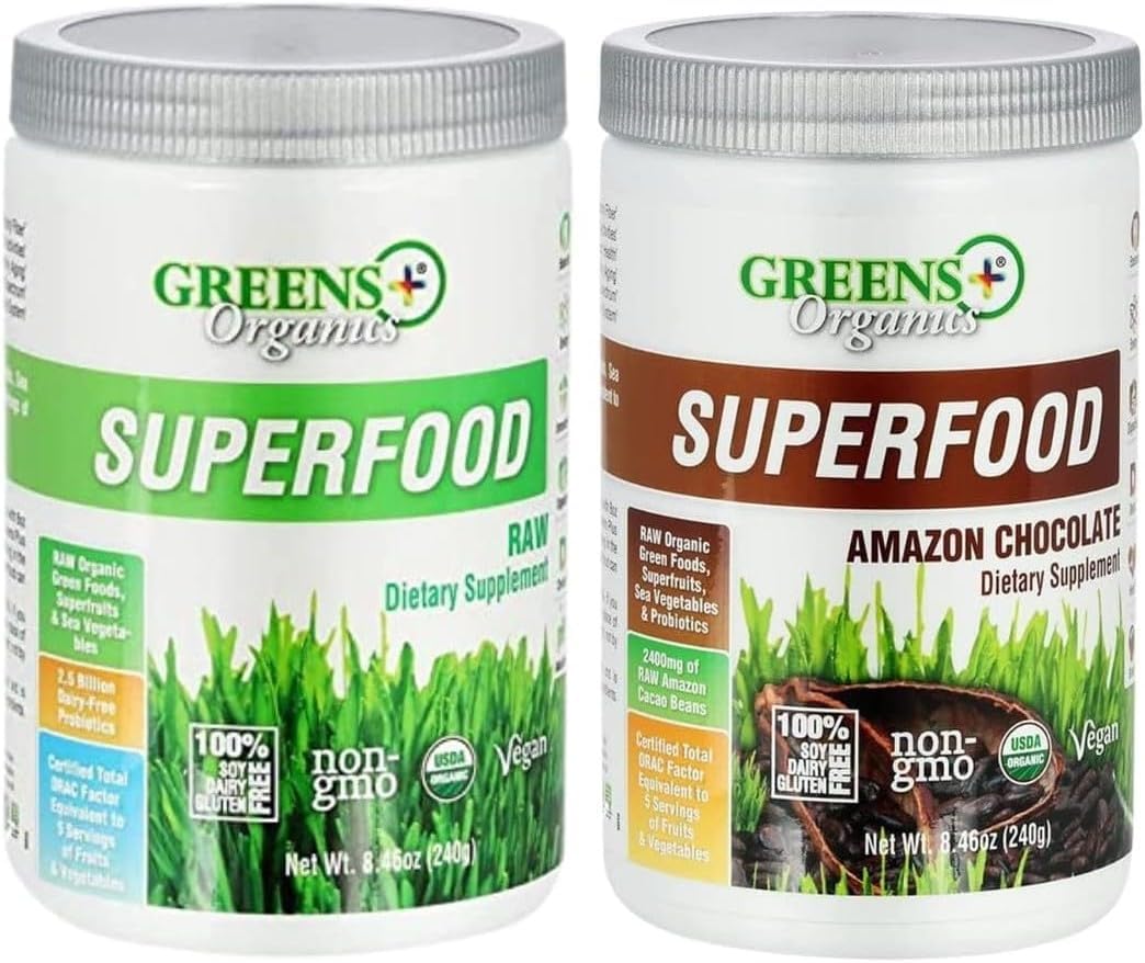 Greens+ Organic Superfood Raw Powder with Superfood Amazon Chocolate, Boost Energy, Immune Support Raw Foods, Vegan, Vitality, Non GMO, Gluten and Sugar Free Bundle (Pack of 2)