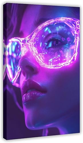 Cyberpunk Neon Portrait Wall Art  Retro Futuristic Abstract Canvas  Vibrant Purple Pink Blue Home Decor Canvas Poster Wall Art Decor Print Picture