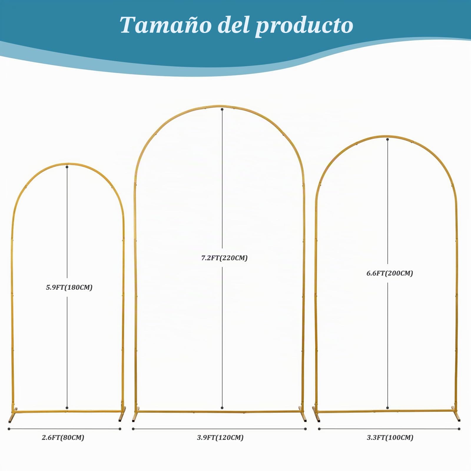 Juego de 3 soportes de arco de metal para telón de fondo, 7.2/6.6/5.9 pies, soporte dorado para ceremonia, marco de arco de globos de metal, cenador de jardín para ceremonia de boda, aniversario