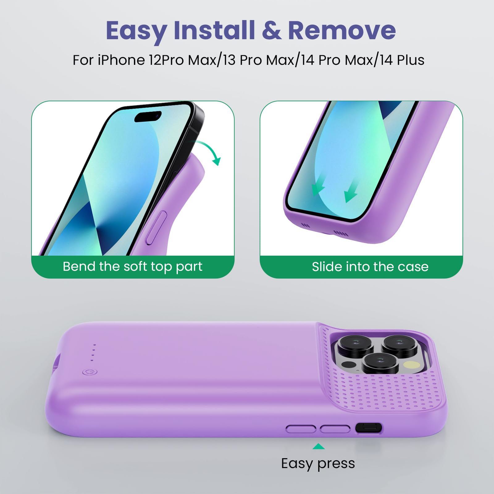 Funda Batería para iPhone 12 Pro Max/13 Pro Max/14 Pro Max/14 Plus (6,7"), 8600mAh Funda Cargador Portatil Carcasa de Carga Protectora Portátil, Carcasa Recargable de Carga Extendida - Morado