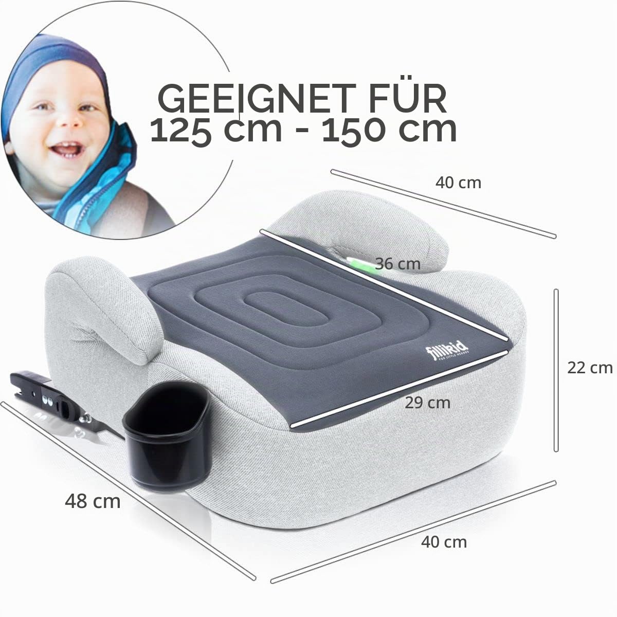 Sitzerhöhung i-Size Norm Isofix Kinder Auto Sitz Gruppe 3 125 – 150 cm Körpergröße ECE R129 (GRAU)