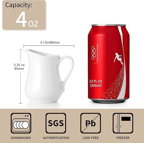 Miniatura 3 de Gurygo Paquete de 4 cremas blancas clásicas de 4 onzas con asa, juego de jarras pequeñas de cerámica para leche, jarra de leche pequeña de porcelana