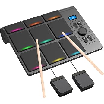 Electronic Drum Kit with 9 Drum Pads, Bluetooth MIDI, LCD Display &amp; Stereo Speakers, Portable E Drum Set with Pedals, Table D