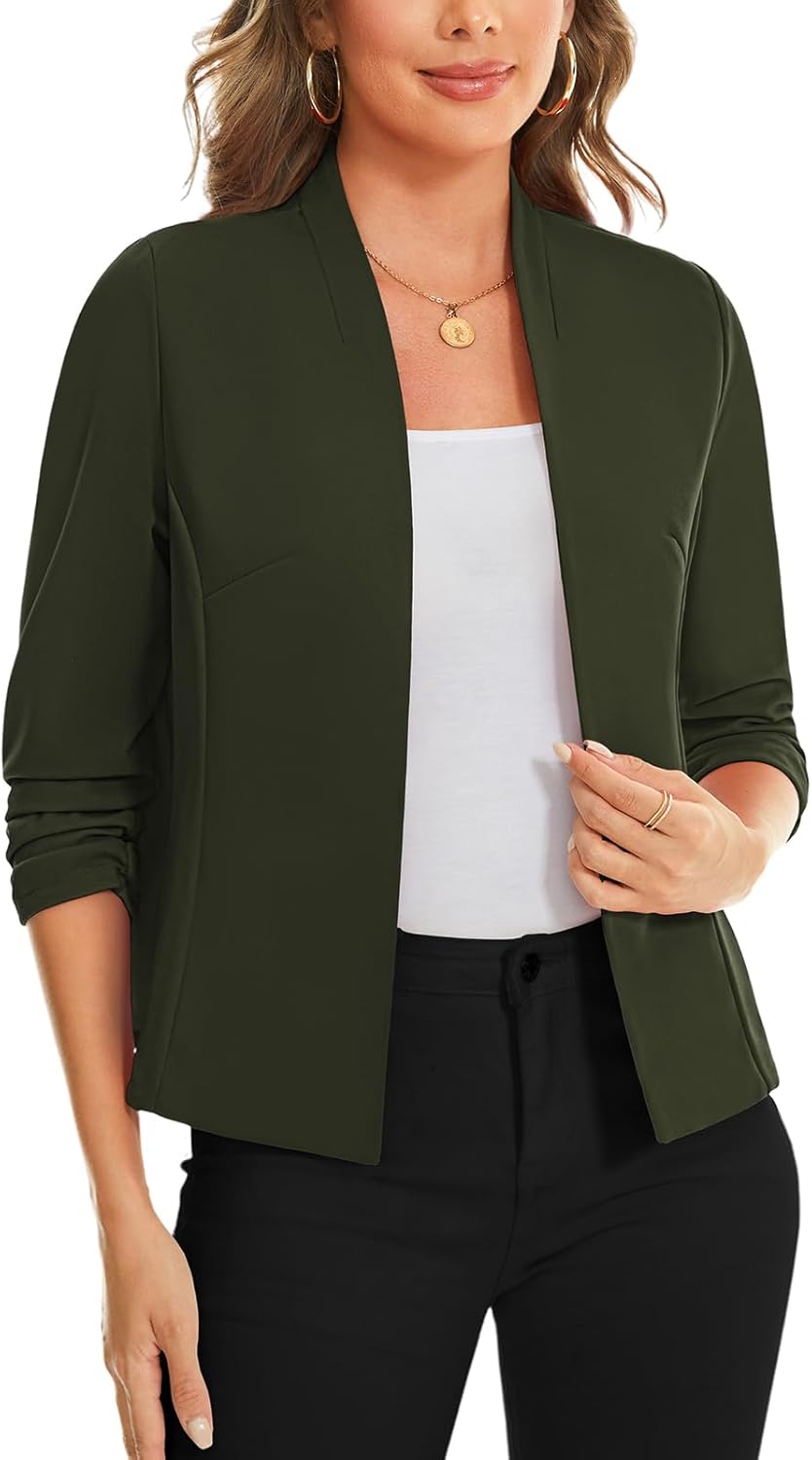 MINTLIMIT Women's Collarless Blazer Ruched 3/4 Sleeve Open Front Business Work Office Jacket Blazers