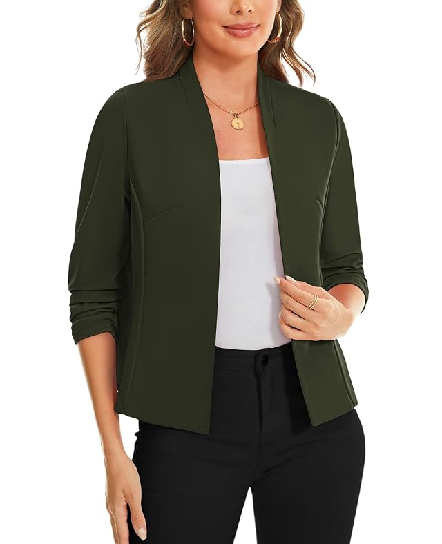 MINTLIMIT Womens Collarless Blazer Ruched 3 4 Sleeve Open Front Business Work Office Jacket Blazers