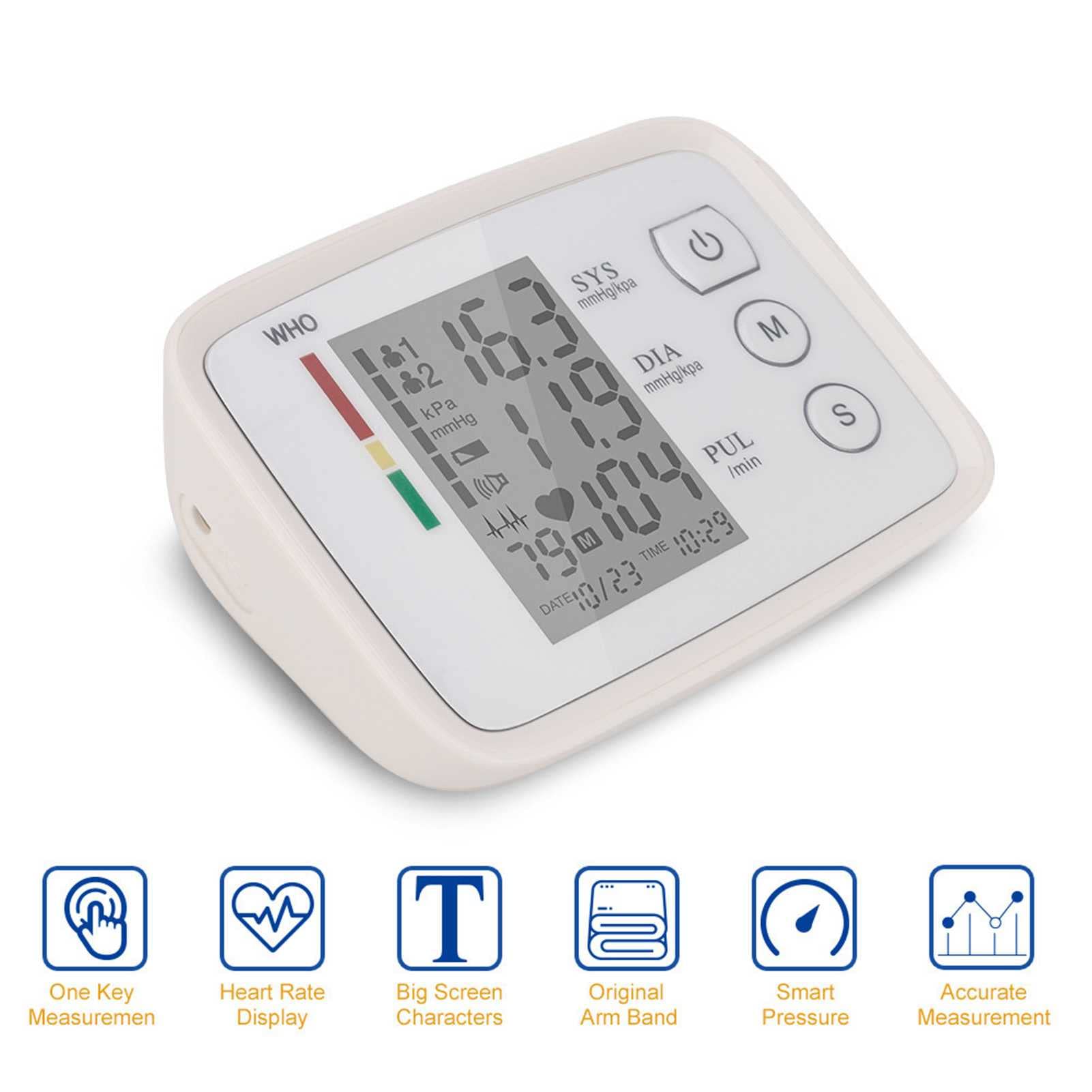 Esfigmomanómetro electrónico de Brazo, 90 Grupos de Datos de Memoria, Pantalla Grande LCD de Alta definición, transmisión en inglés, Monitor de presión Arterial doméstico Multifuncional