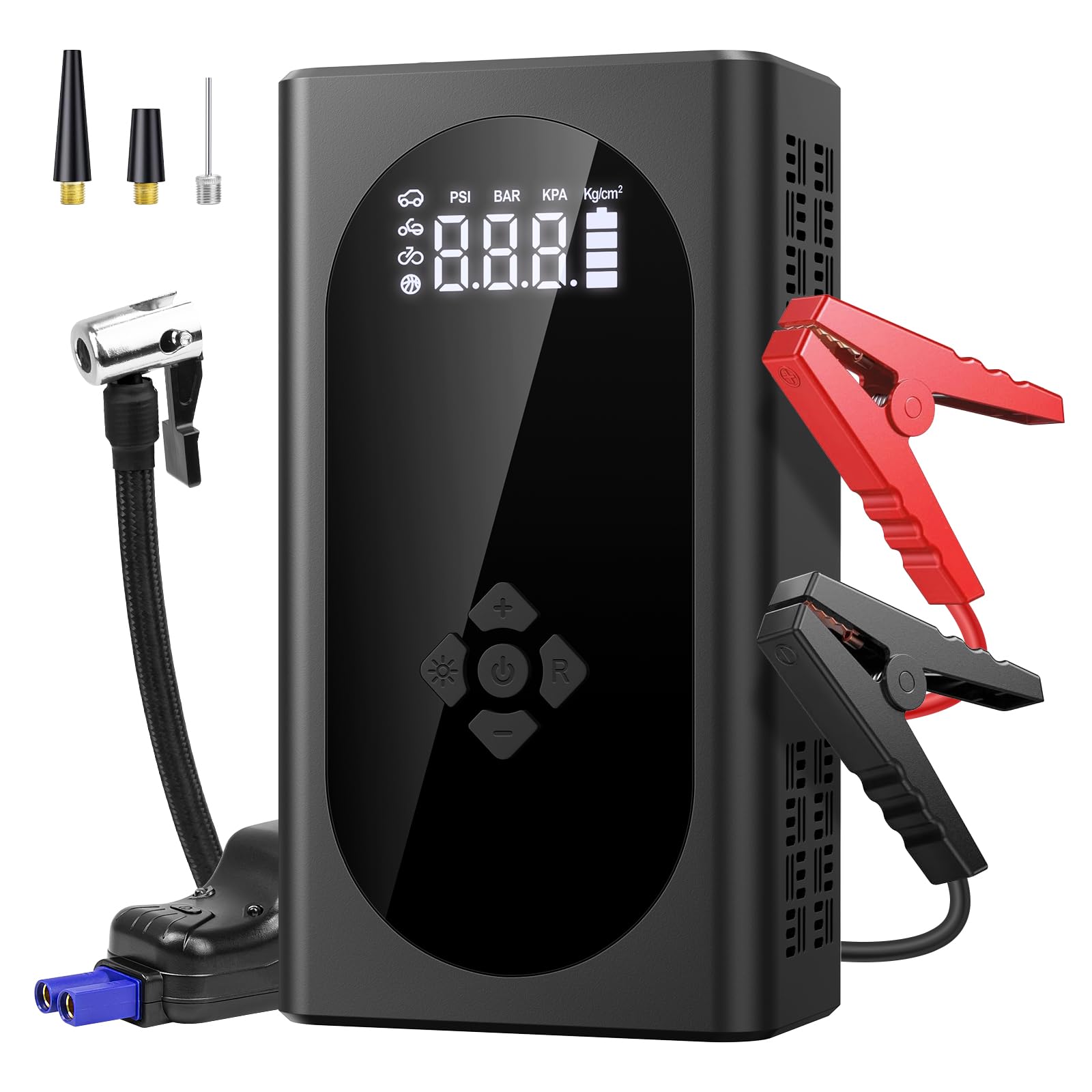 Portable Car Jump Starter with Air Compressor 3000A 150PSI Tire Inflator and Battery Jumper Starter (9.0 Gas/8.0 Dsel) 12V Jump Box Battery Booster Pack Power Bank with Flashlight, Display