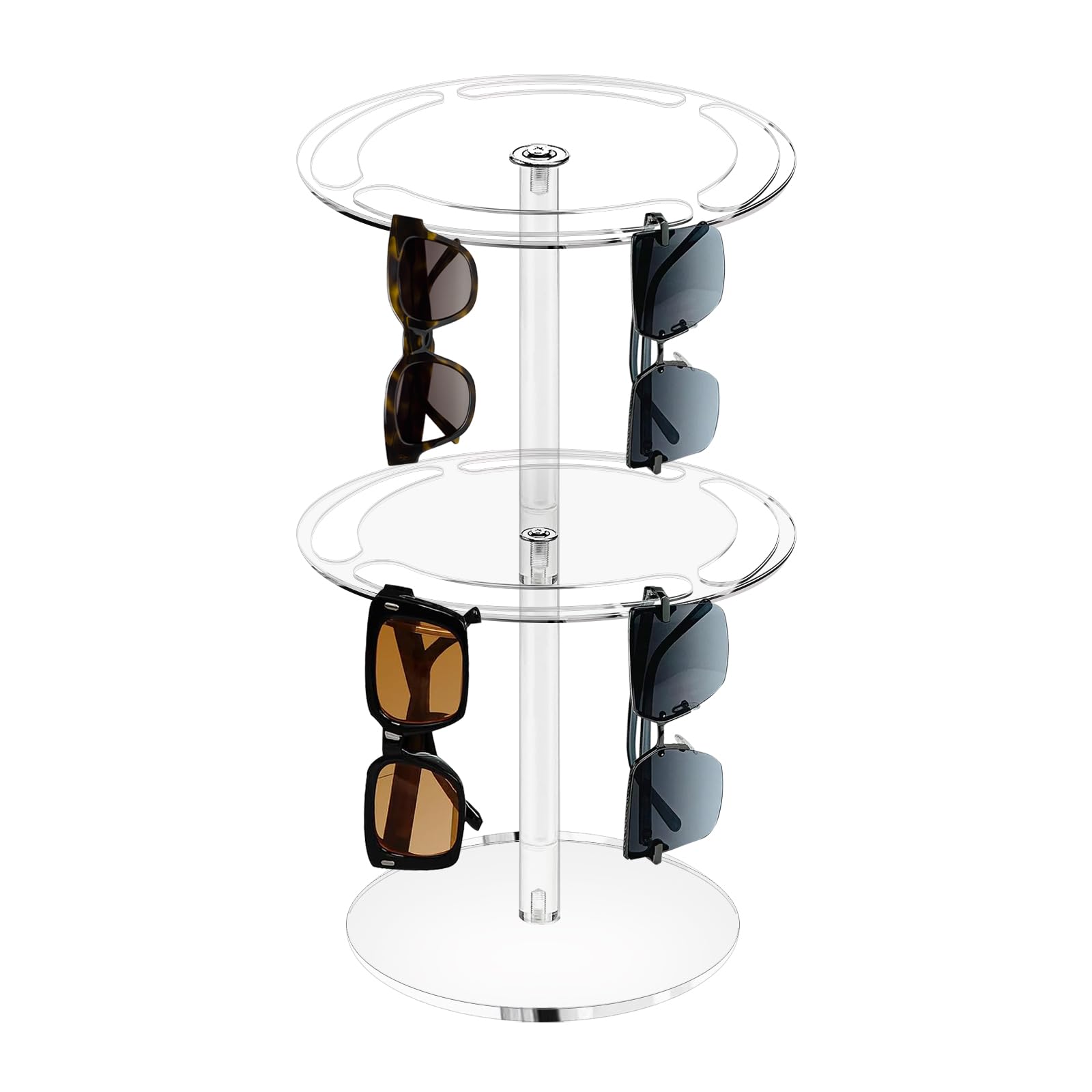 LUGUNU Acrylic Eyeglasses Display Stand, Large Capacity Sunglasses Holder Organizer, 360° Rotatable Eyewear Storage Rack for Desk Dresser Tabletopsunglasses organizer (Clear Round 2 Tire)