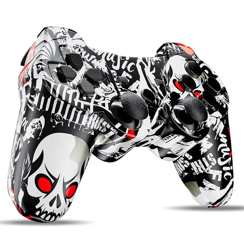 Wireless controller for PS3, this wireless game controller is compatible with PS3/PS2/PC/Smart TV, equipped with a 6-axis gyroscope, dual vibration motors, and a 450mAh battery(black, red and white)