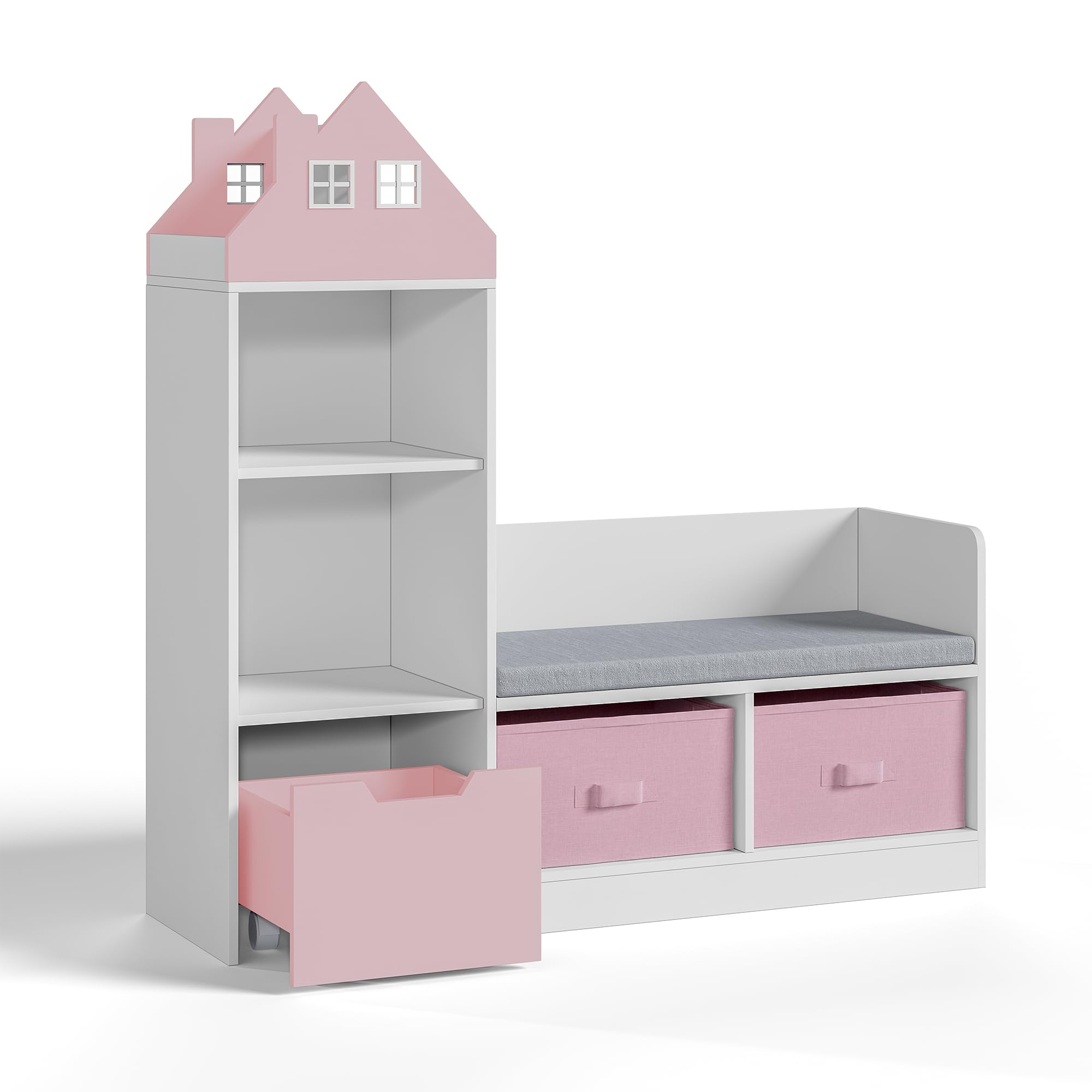[en.casa] Estantería Infantil Vipsali en Forma de Casa con Banco 4 Compartimentos Abiertos 2 Cajas Plegables 1 Cajón Librería para Niños Niñas 100 x 99 x 30 cm - Rosa/Blanco