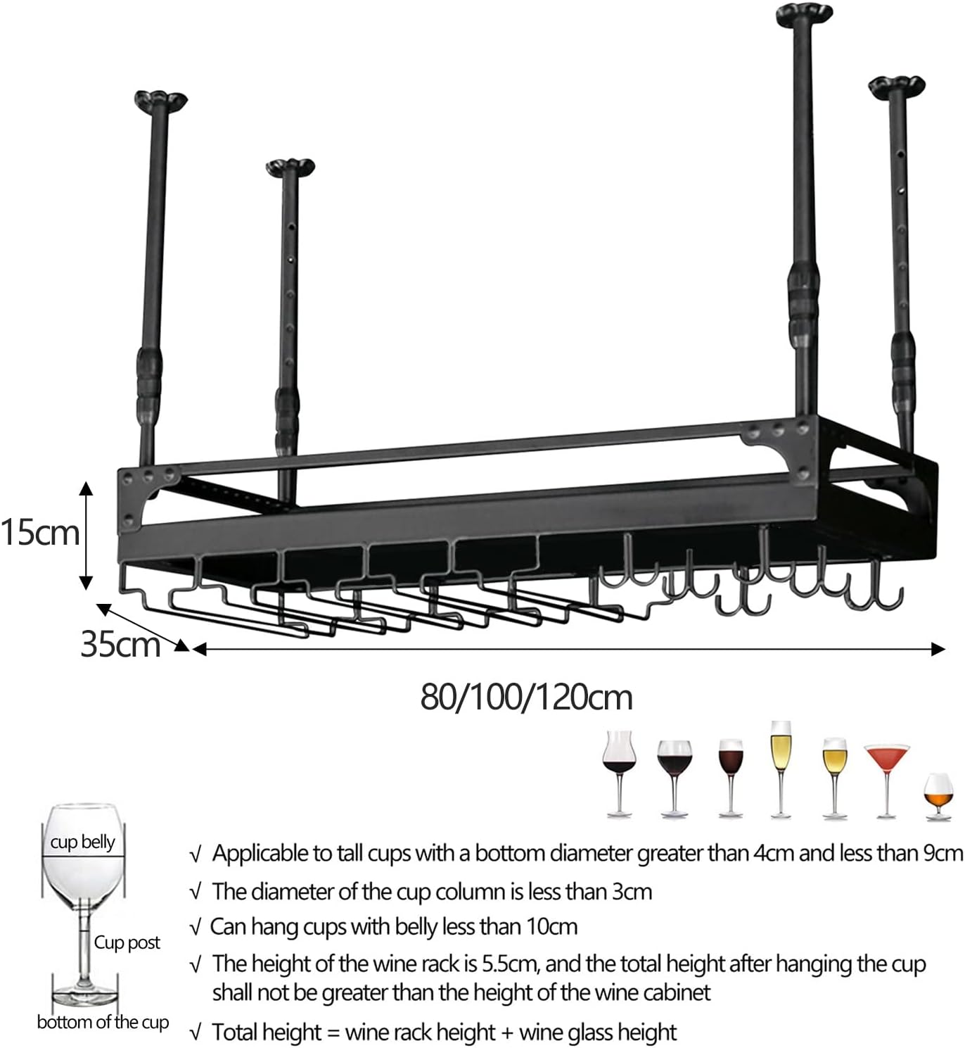 Adjustable Hanging Wine Glass Rack with Stemware Glass Shelf for Kitchens Upside Down Wine Cups Holder and Bottle Rack for Storage Ceiling Mount Wine Bottle Racks (80x25x