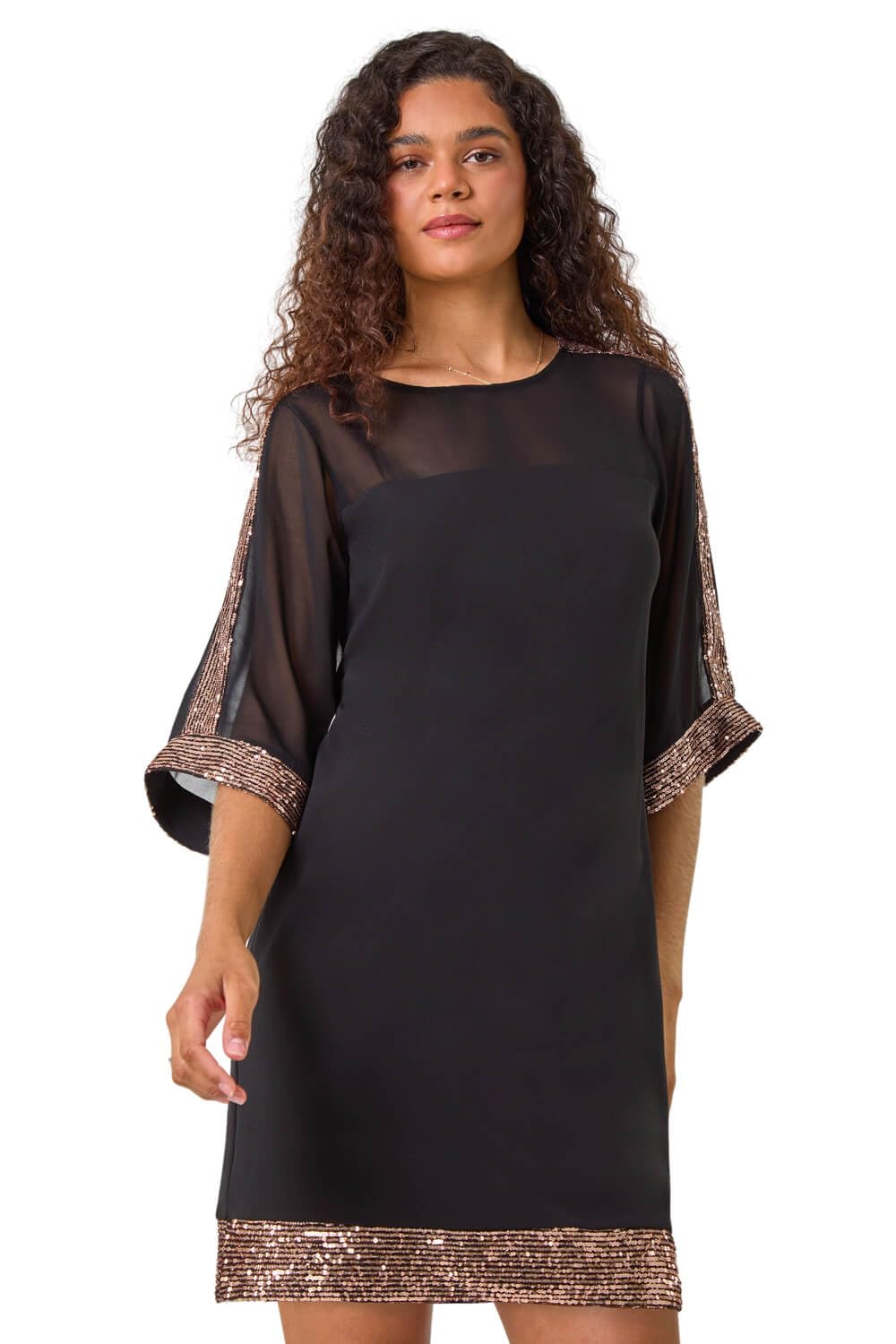 Roman Women's Bronze Sequin Trim Shift Dress In | : Size 20