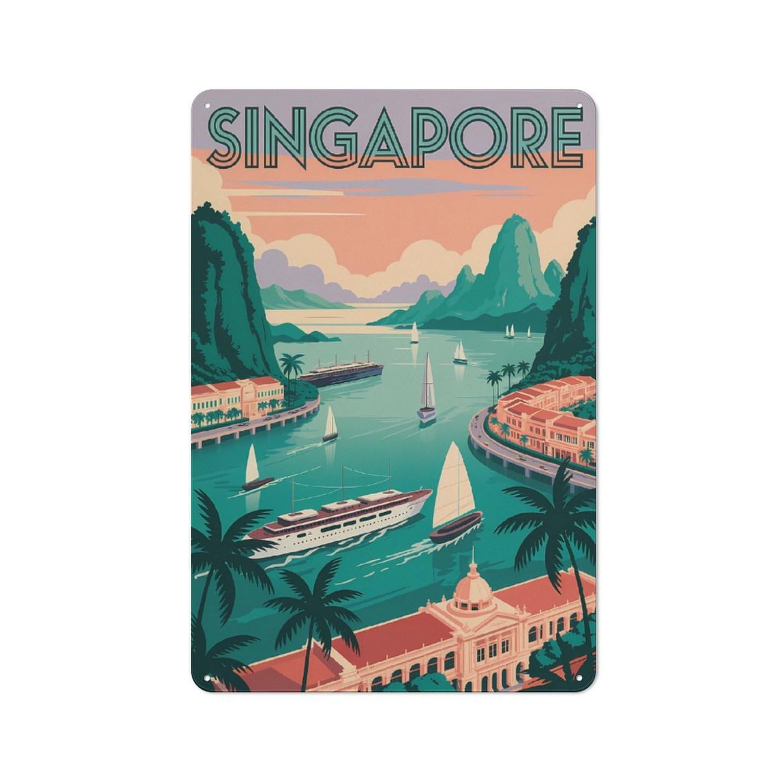 Junmoney Style-10 Singapore Travel Rustic Printed Metal Sign 30X20cm For Bar Or Restaurant, For Bar Decor Enthusiasts
