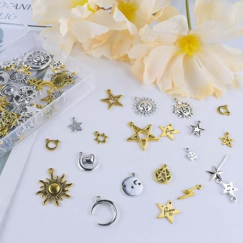 Miniatura 7 de 110 dijes de sol y luna para fabricación de joyas, colgantes de luna de aleación, dijes vintage de estrella celestial para collares, pulseras,