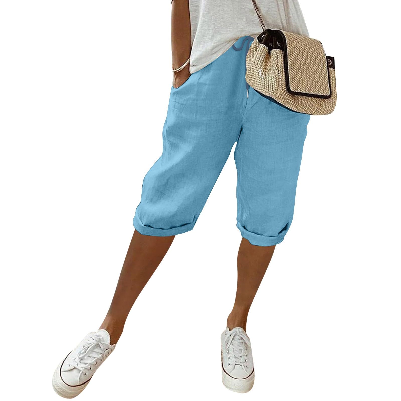 Linen Pants for Women 2025 Summer Loose Lightweight Beach Capri Pants Waist Elastic Straight Leg Lounge Casual Pant Blue M