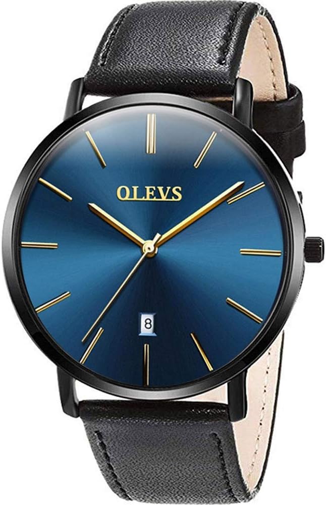 OLEVSBlack Leather Strap Watches for Men Quartz Analog Ultra Thin Minimalist Male Wrist Watches Black Bezel and Blue Waterproof Date Dial
