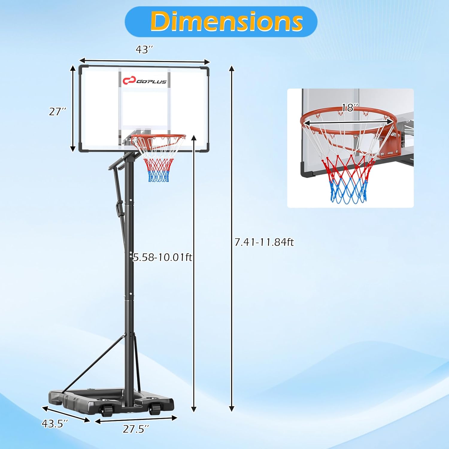Goplus Portable Basketball Hoop Outdoor for Adults, 5.6-10 FT Adjustable Basketball Hoop Goal System with Shatterproof Backboard, Shock Absorbent Rim, Fillable Base, 2 Wheels, for Backyard Driveway