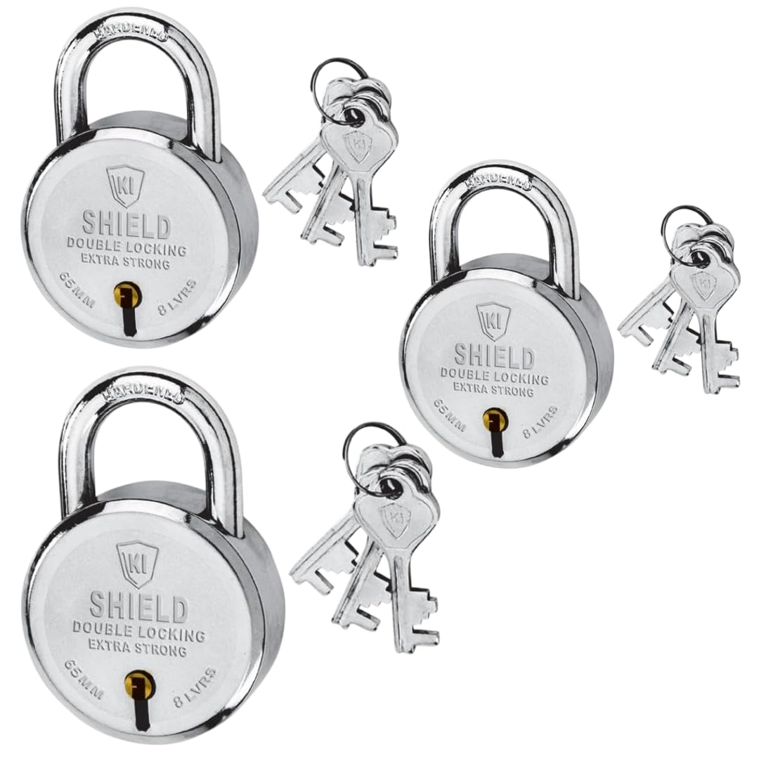 KI SHIELD Round PAD Lock MM || (Levers, 3 Keys) || (Silver Chrome Plated Color) || Keyed Padlocks Hasps Padlocks || Durable Long Life (65MM, 3)-image-25