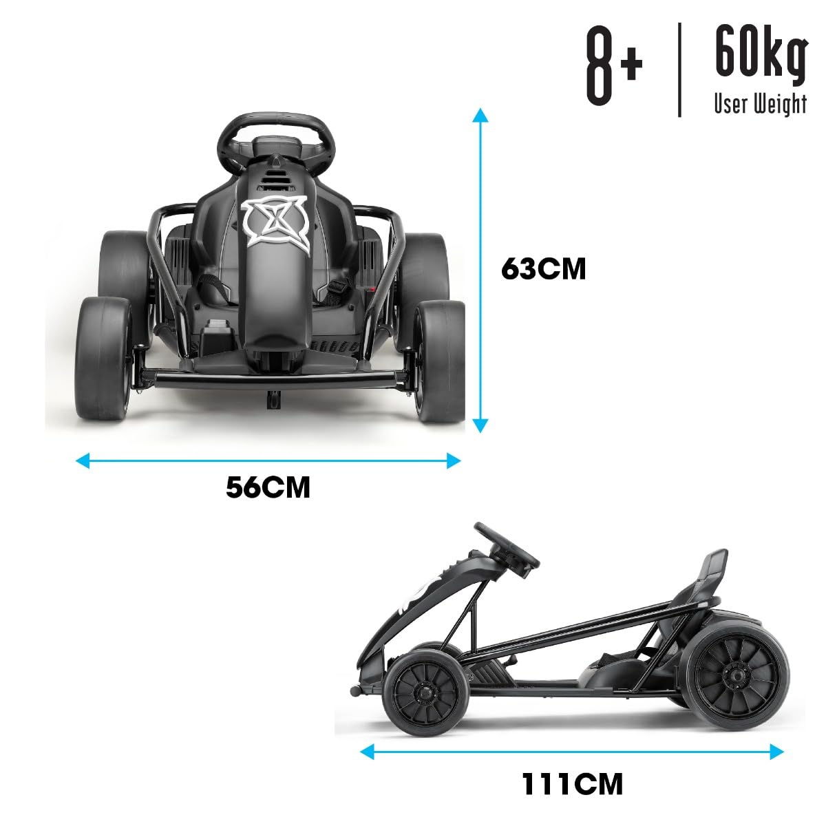 Xootz Comet Electric Go Kart, Kids Ride-On Racing Go Kart, 2 Speed with Drift Mode and Reversing, Steering Wheel, and Pedals, 2 x 12V Rechargeable Batteries, Custom, Black