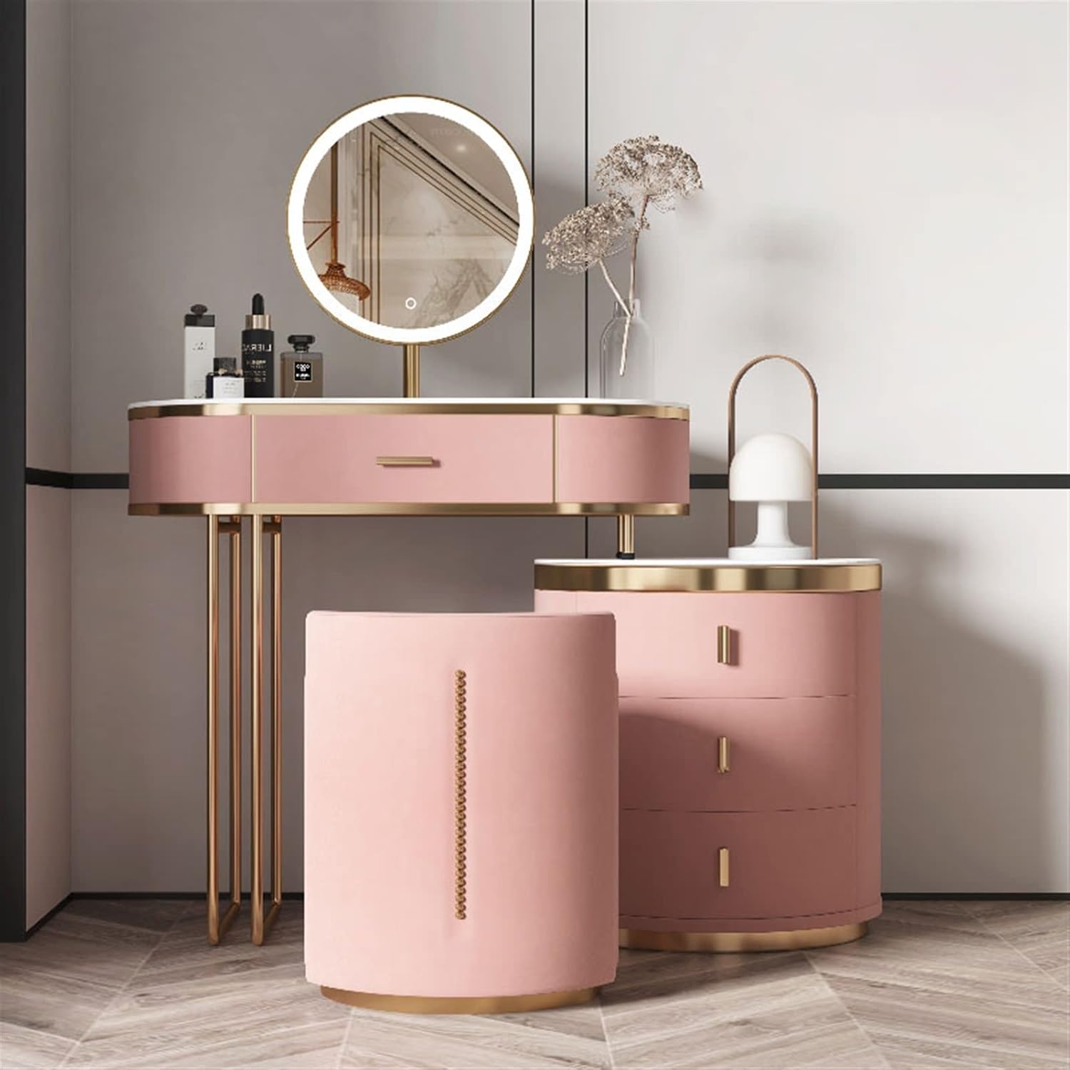 Vanity Dressing Table Set Luxury Makeup Bench with 3 Colors Led Hd Mirror,Comfortable Stool Drawers Cabinet,Modern Simple Style,for Girl's Gift (Color : Type B, Size : 120CM) (Type B 80CM)