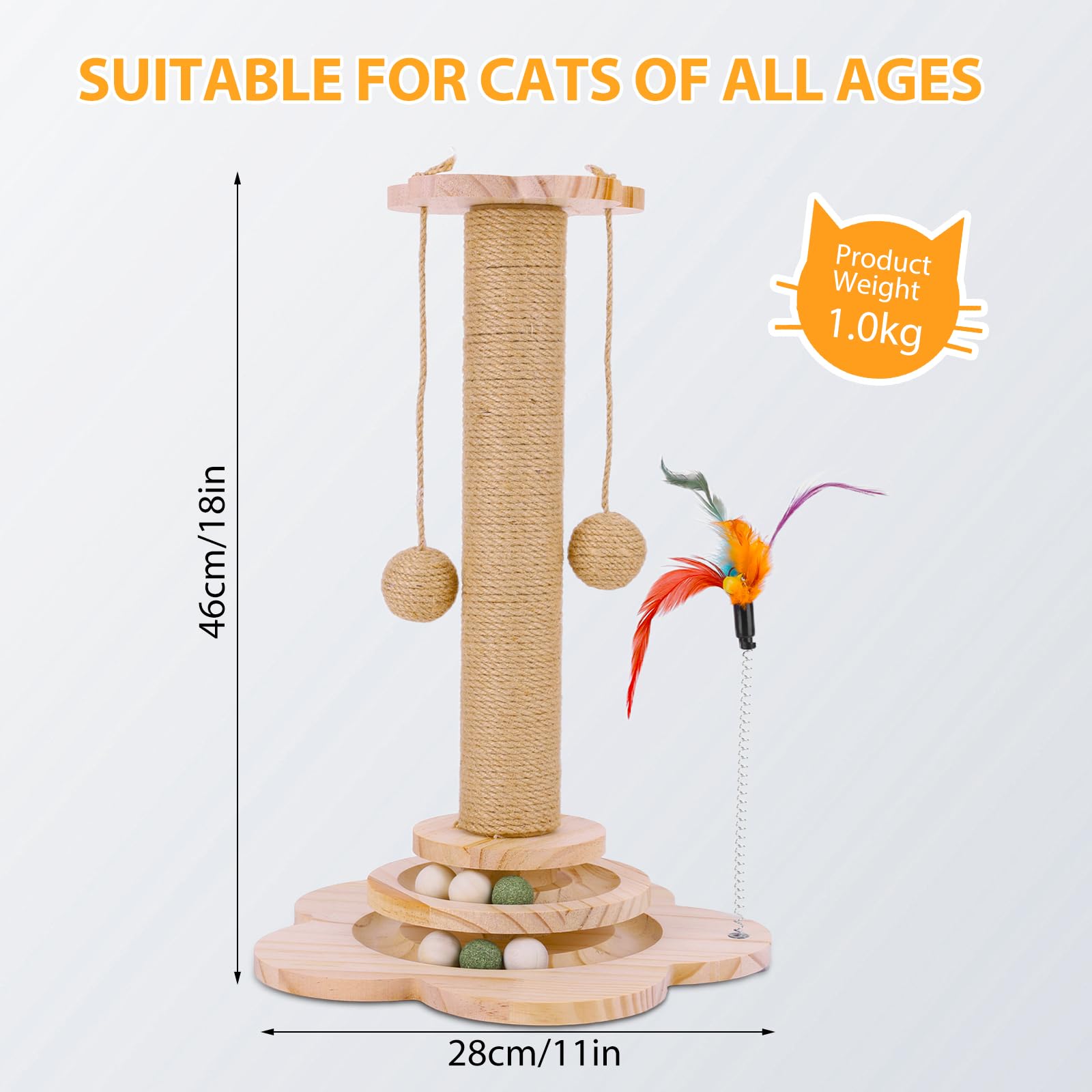 FitRepa Cat Scratching Post Multifunctional Cat Scratch Post, with Solid Wooden Base, Interactive Track & Spring Feather Toy - Image 2