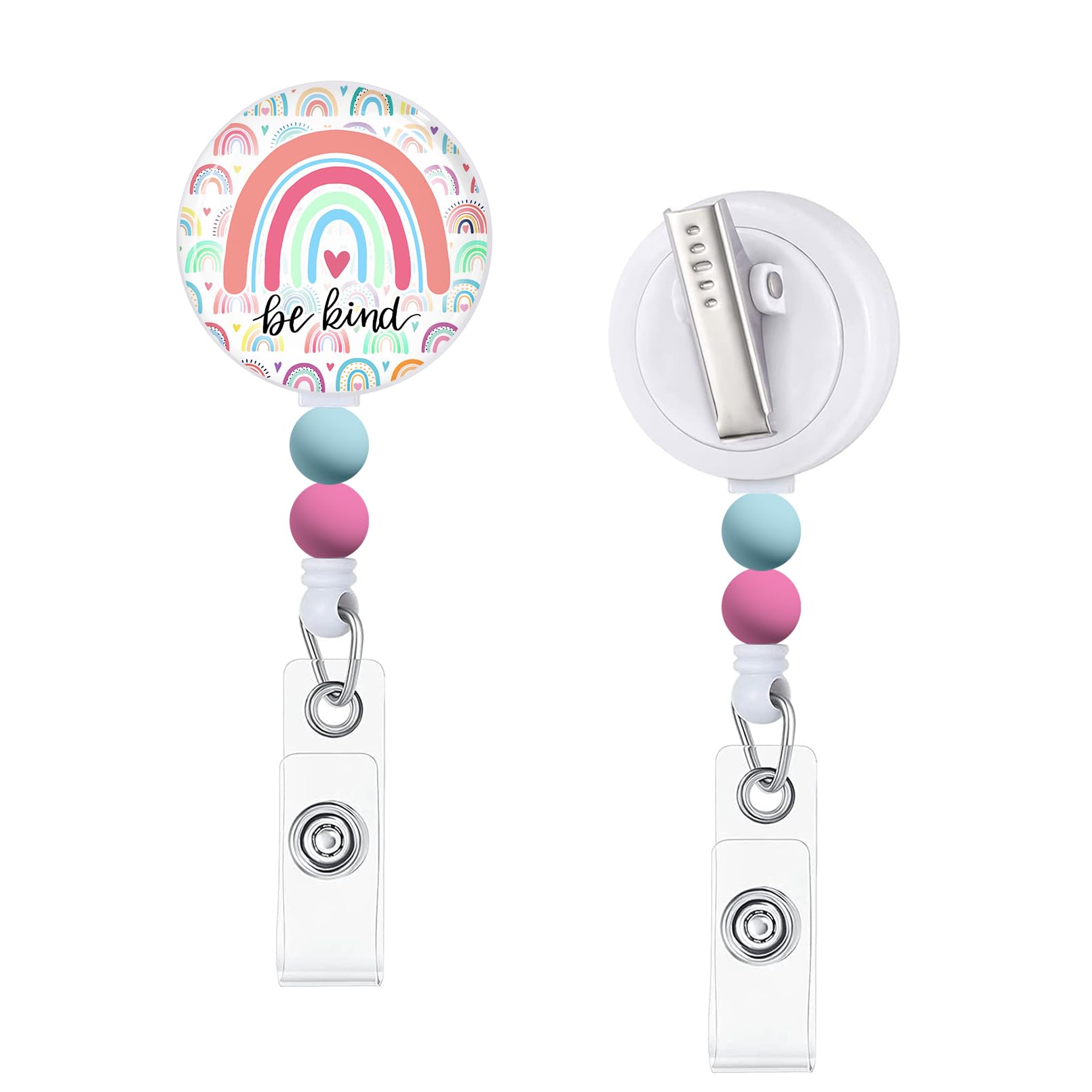 Immaturus Be Kind Badge Reels Retractable with Beads, Rainbow Cute Funny Id Badge Holders Retractable, Badge Clips Keychain ID Card Holder for RN