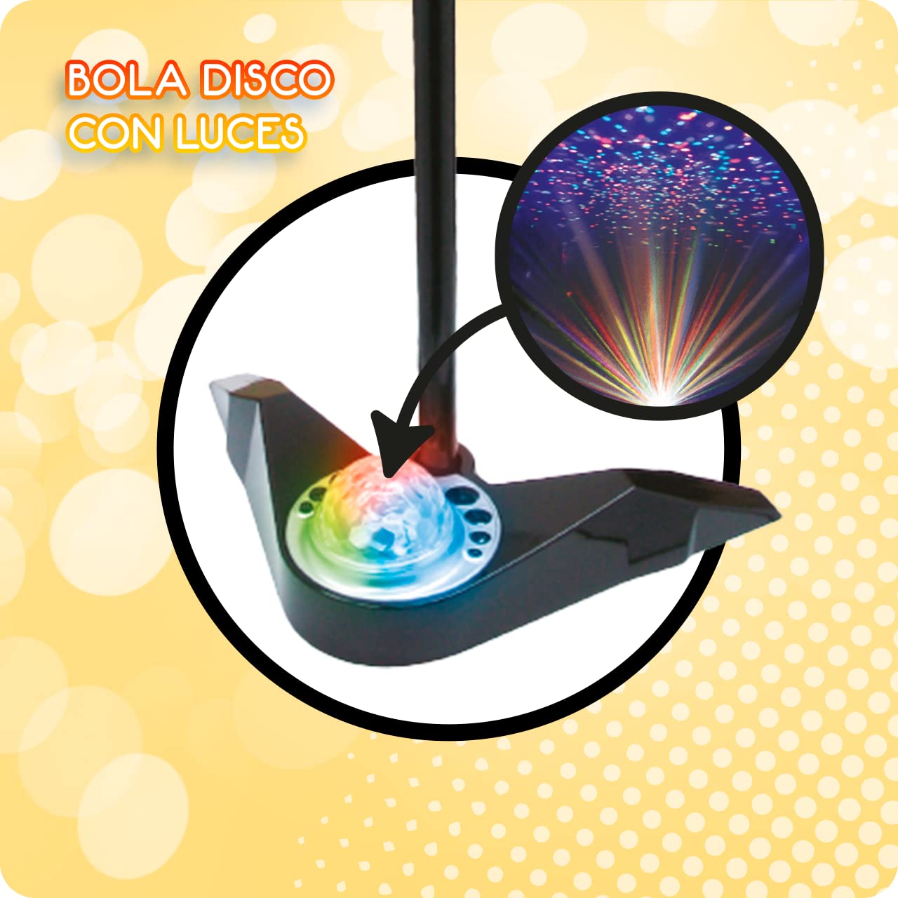 DEQUBE-Micrófono Karaoke de pie con Altura Ajustable-Incluye Bola de Luces Disco y Auricular-Conexión a Distintos Dispositivos Sonido -Tamaño 65-100cm (916D00037) negro