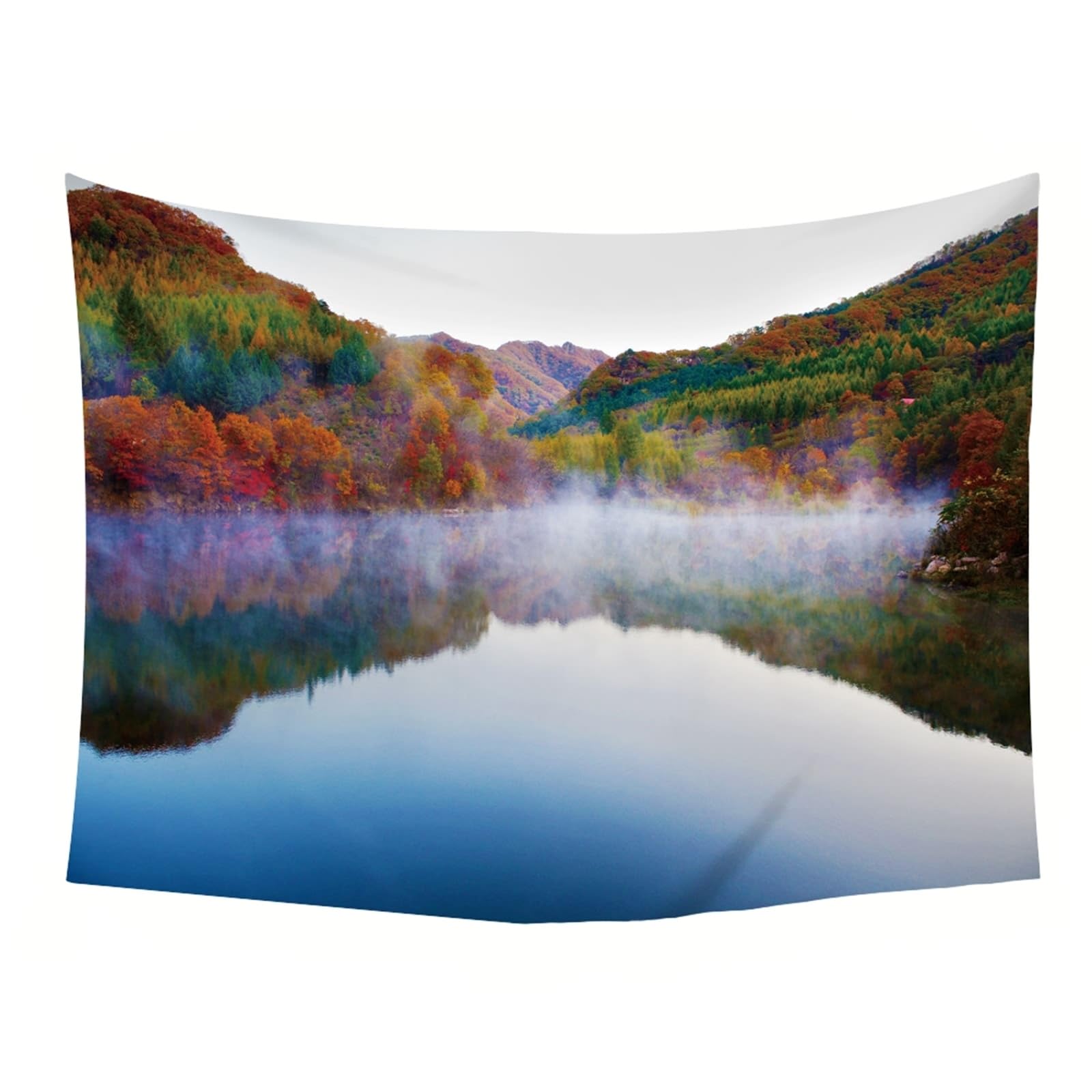 Tapiz de pared verde de poliéster, paisaje montañas, lago y árboles, 260 x 240 cm