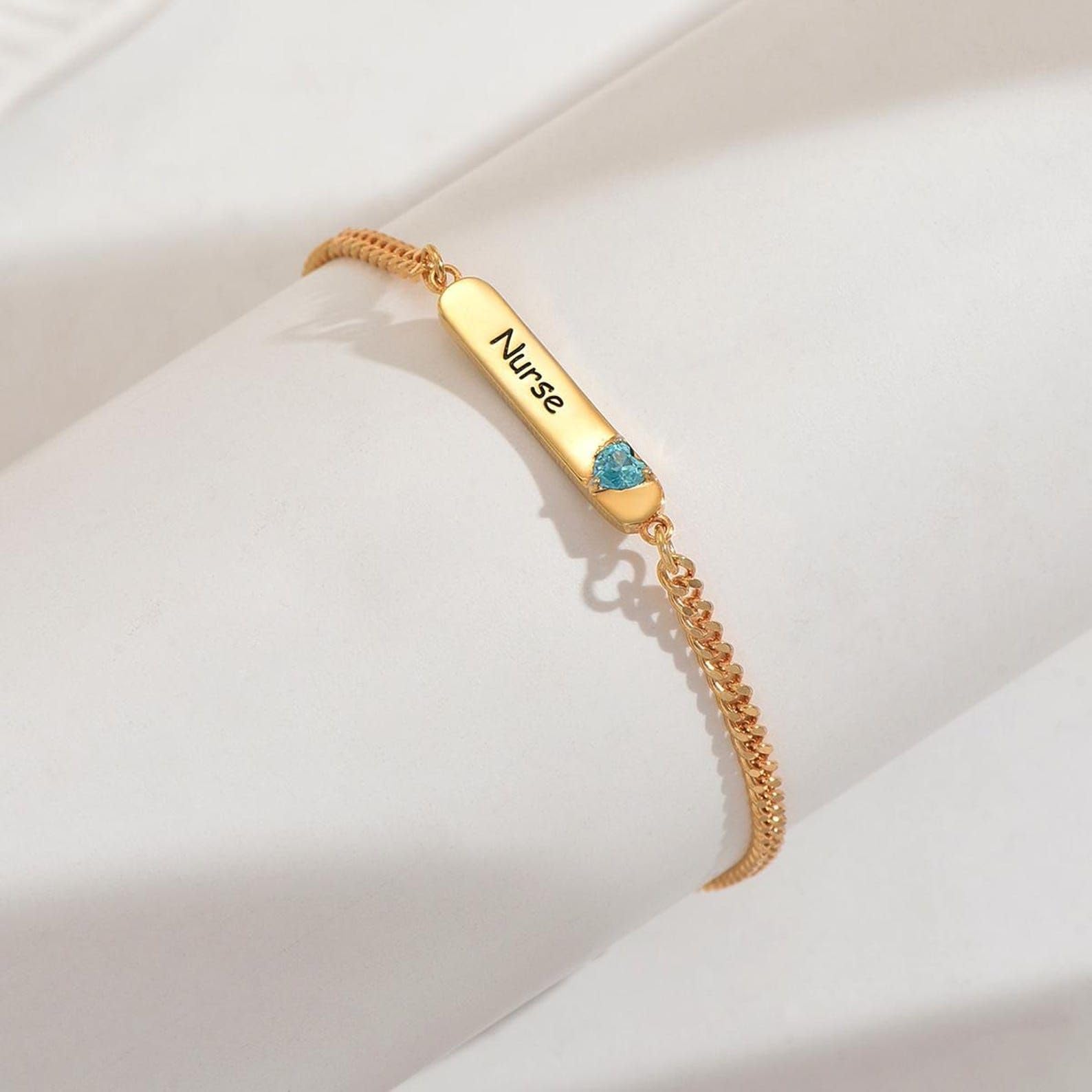 Nombre barra Pulsera de piedra de nacimiento 925 Pulsera de oro de plata con piedras preciosas Nombre grabado para mamá cumpleaños hecho a mano