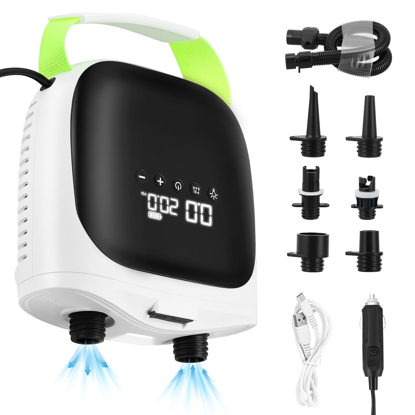 Pompa Elettrica SUP 20PSI Ricaricabile, Gonfiatore Paddle Board con Gonfiaggio Intelligente a Doppio Stadio & Auto-Spegnimento, 6 Ugelli, Portatile Senza Fili per Kayak, Tenda, Materassino, Piscina