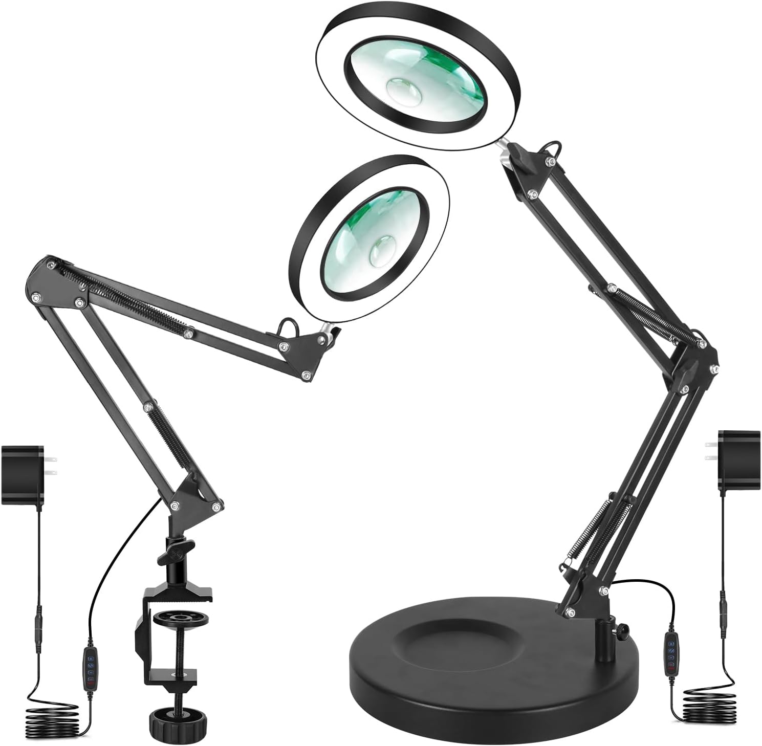 Magnifying Glass with Light and Stand,2-in-1 Lighted Magnifier Deskop lamp with Clamp,5X&10x Real Glass 3 Color Stepless Dimmable Magnifying Desk Lamp for Close Works Reading Crafts Hobby Soldering Round