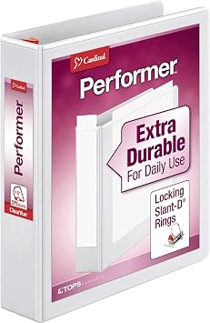 Cardinal Performer 3-Ring Binder, 1.5", Locking Slant-D Rings, 375-Sheet Capacity, ClearVue Presentation Binder, Nonstick, PVC-Free, White 19020