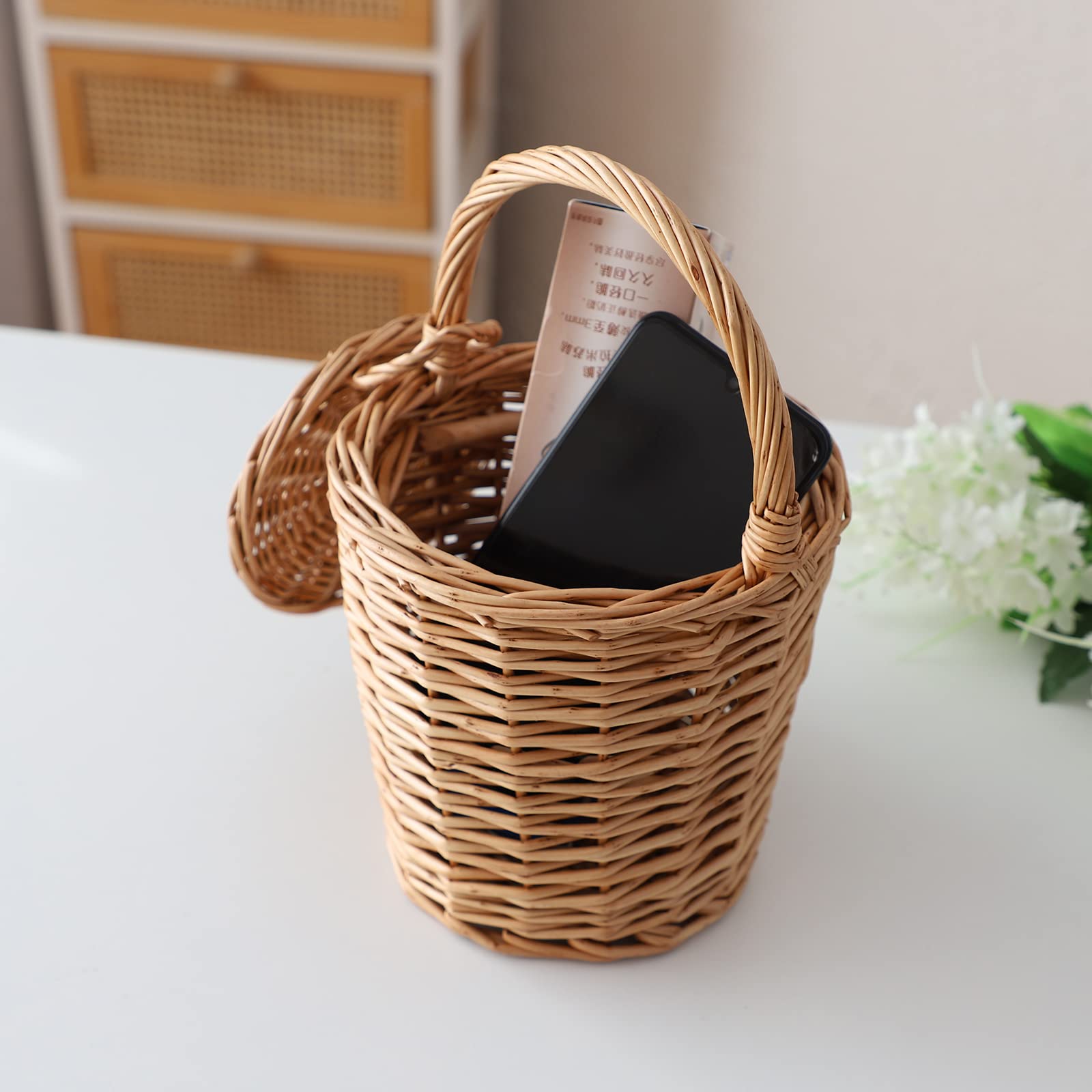 Small Wicker Basket, Round Storage Bin with Handle and Lid for