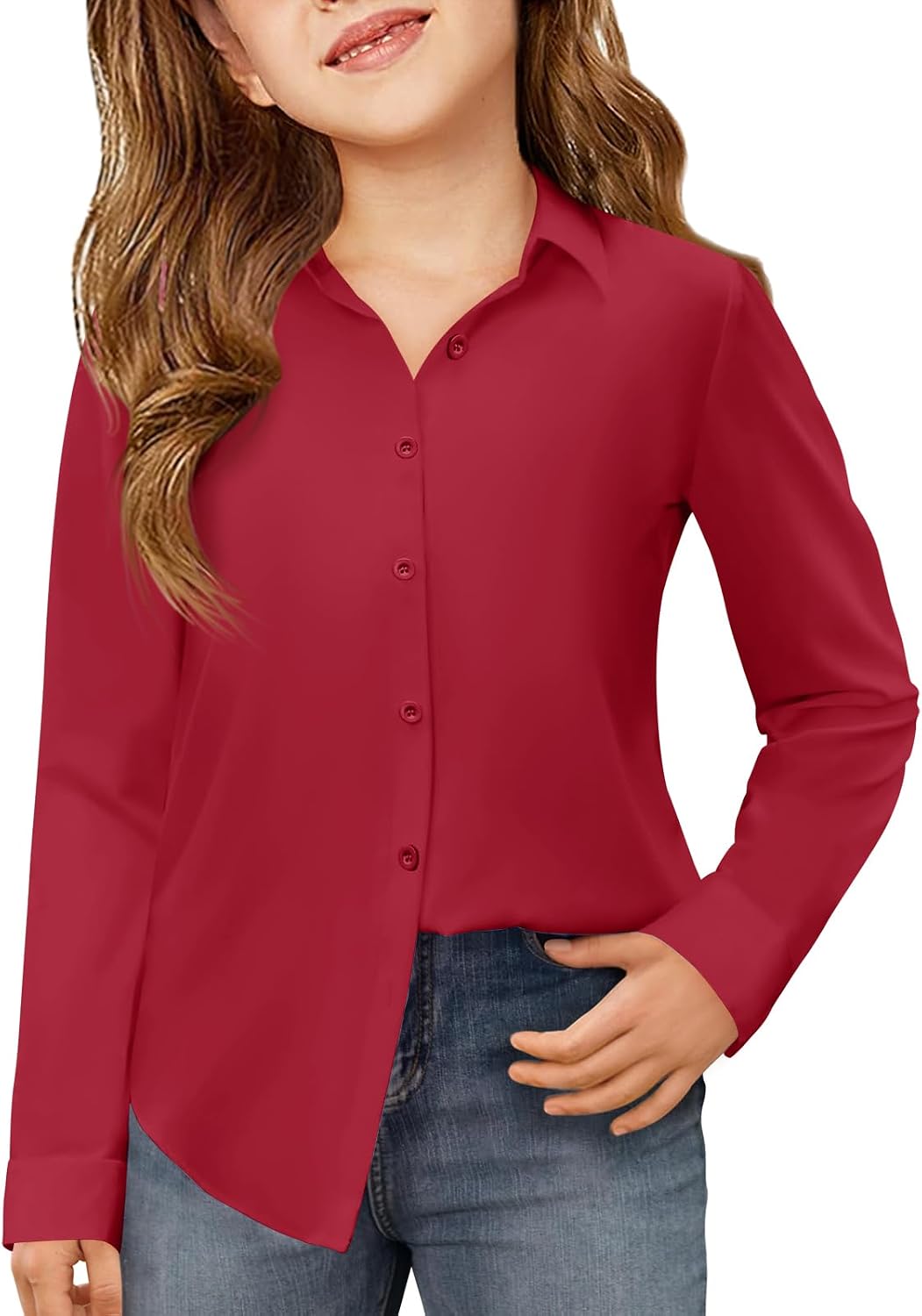 Haloumoning Girls Button Down Shirts Kids Long Sleeve Dress Shirts School Uniform Blouse 5-14 Years