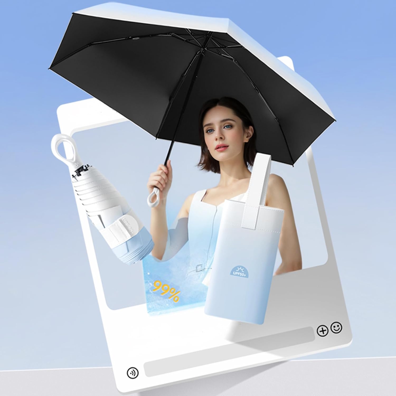 Mini Compact Folding Travel Umbrella with Ring Handle and Storage bag/Gradient Color/6 * 2 Ribs/UV Protection/Sun Rain/Lightweight Portable Small/Purse/Backpack/Car/Women Kids