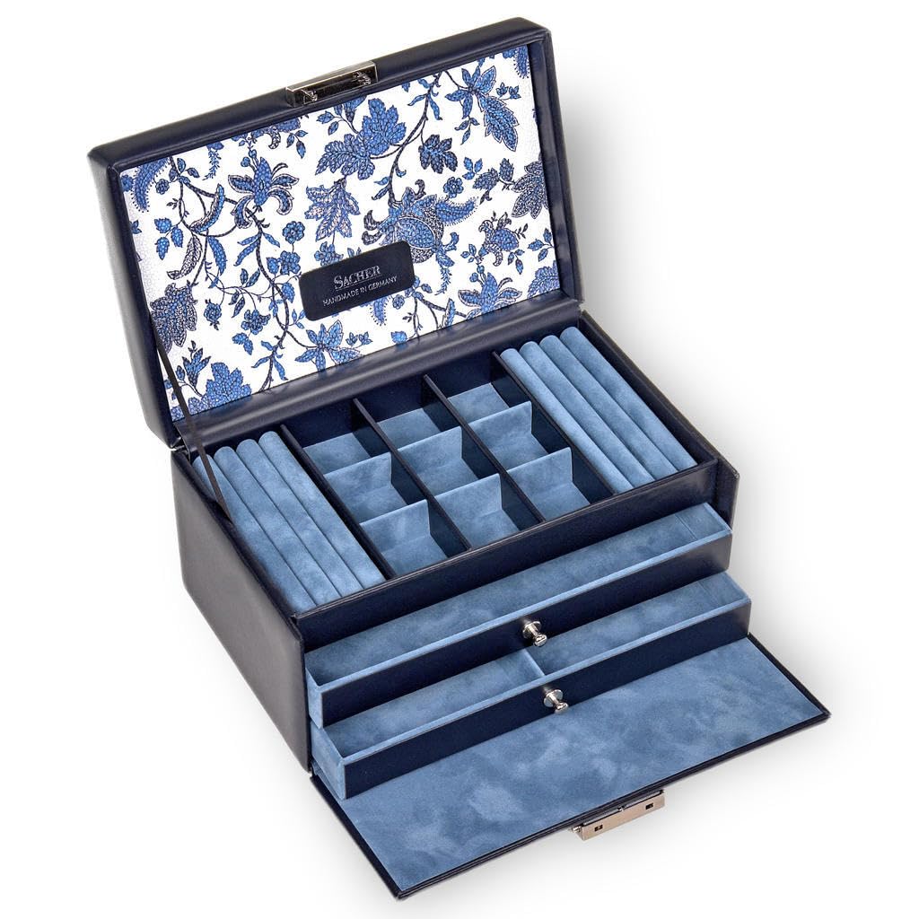 SACHER Coffret à Bijoux Elly/florage/Bleu, Cuir/Handmade in Germany