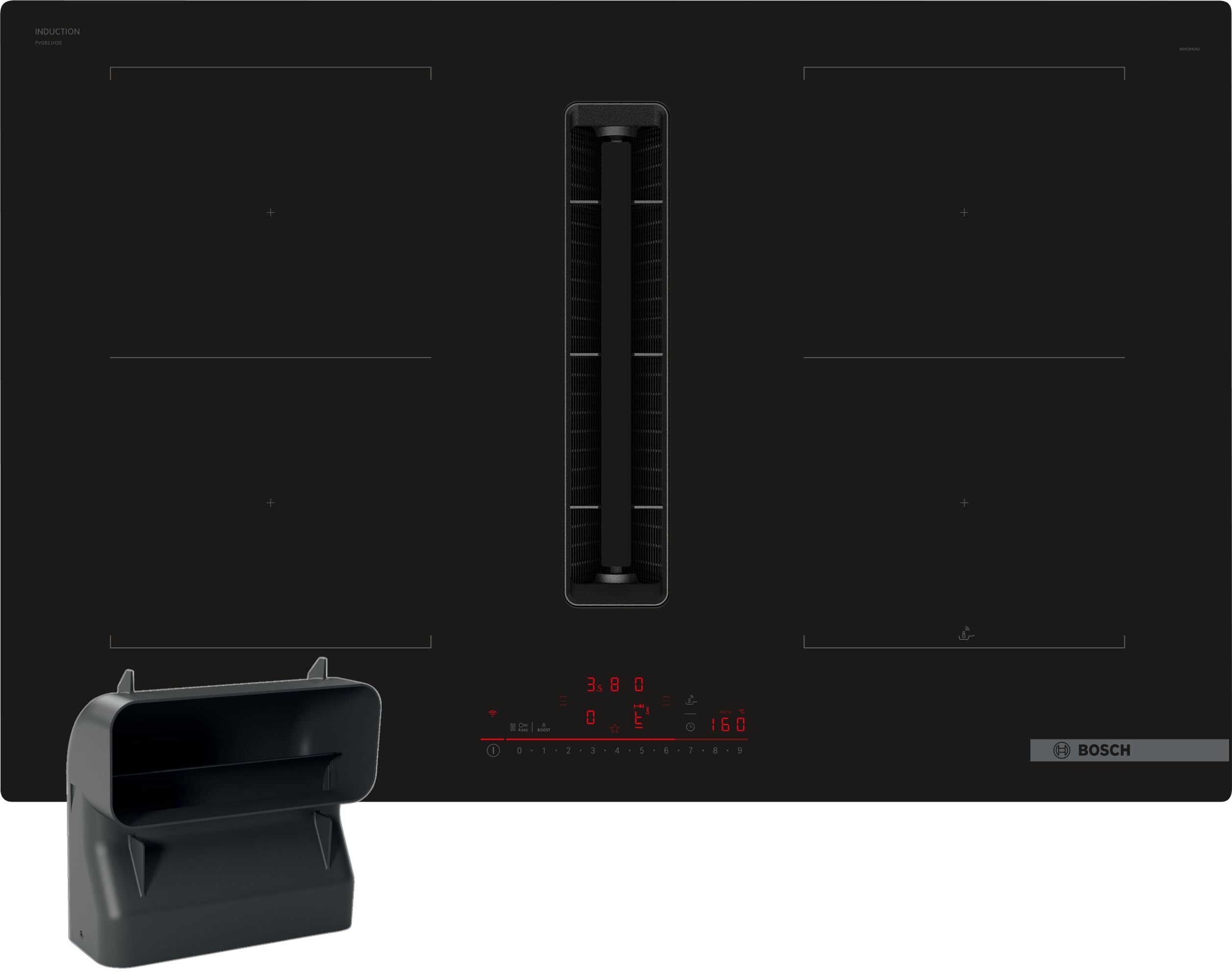 Bosch PVQ811HGA6, Serie 6 Smartes Induktionskochfeld mit Dunstabzug (autark), 80 cm breit, Mit Flachkanal S, Made in Germany, CombiZone, Automatische Lüftung, PowerBoost, Touchbedienung, Rahmenlos