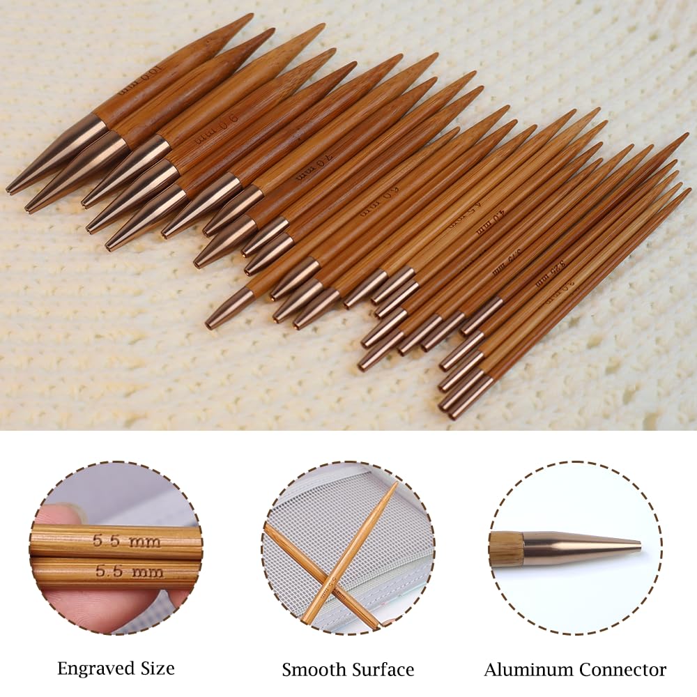 Knitiss Rundstricknadeln Set Bambus, 13 Paar, Rundstricknadeln 3–10 mm | Set mit austauschbaren Rundstricknadeln, 10 cm, mit 360°-Drehgelenk