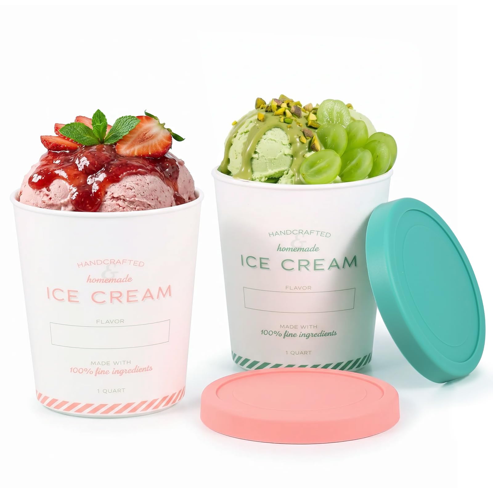 CBWERBB 2Pcs Ice Cream Tubs,950ml/32oz Reusable Ice Cream Containers Freezer Storage Tubs for Homemade,Gelato,Sorbet,Dessert,Soup(Green+Pink)