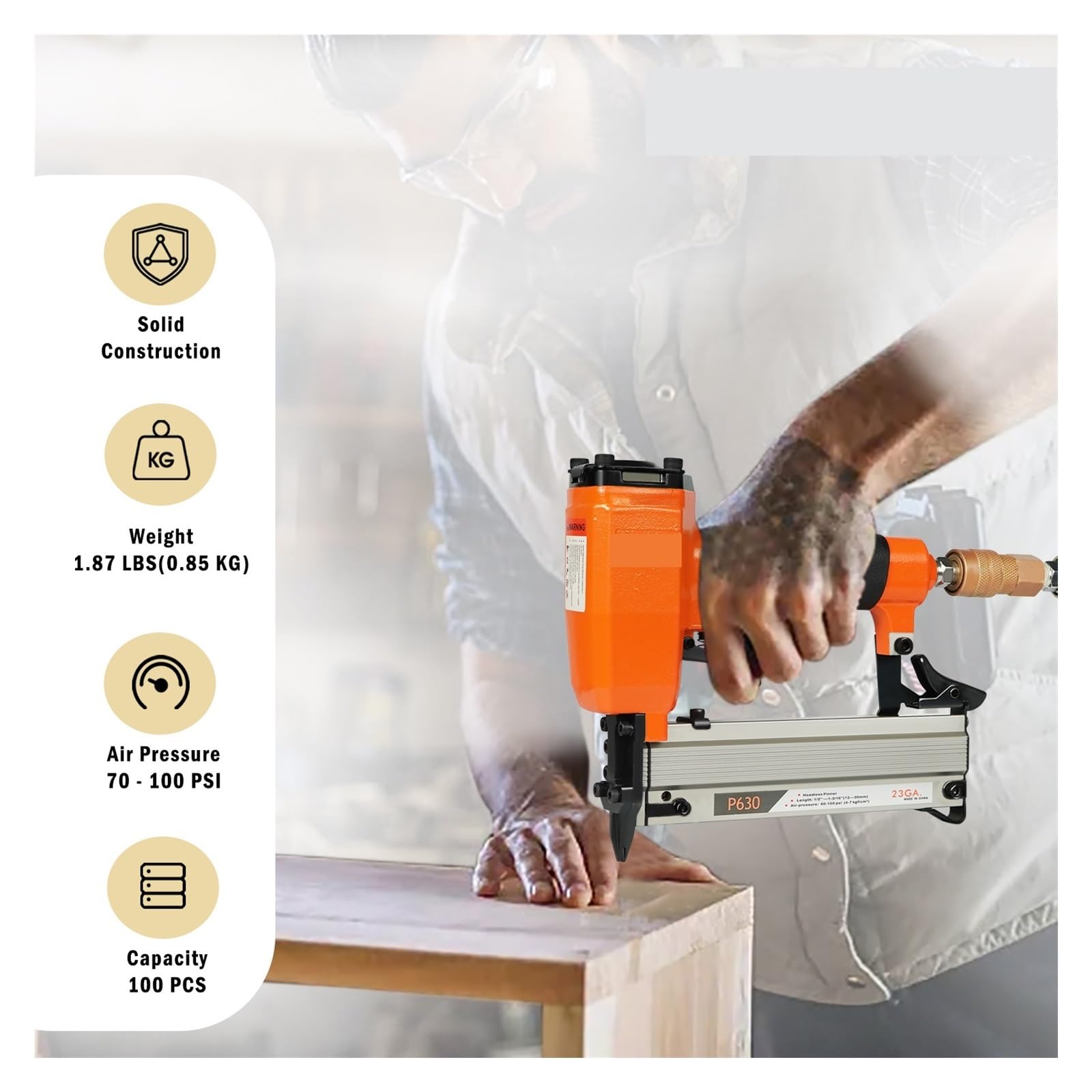 Pistola Sparachiodi Manuale Con 120 Chiodi - Nail Gun Portatile Per Legno E Acciaio - Regolabile E Silenziata - Colore Giallo - Foto 10