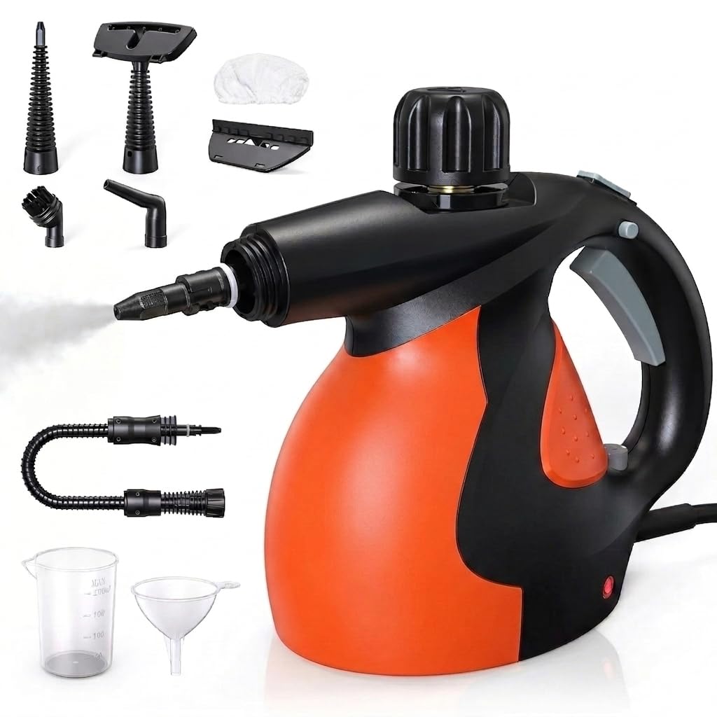 Nettoyeur vapeur multifonction pour la maison, nettoyeur vapeur portatif 1050 W avec réservoir d'eau de 350 ml, 9 accessoires, idéal pour canapés, sols, salle de bain et intérieur de voiture.